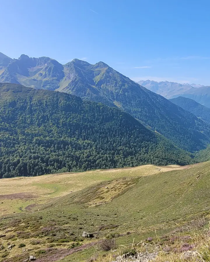 Panorama de vallées et de sommets montagneux sous un ciel bleu limpide