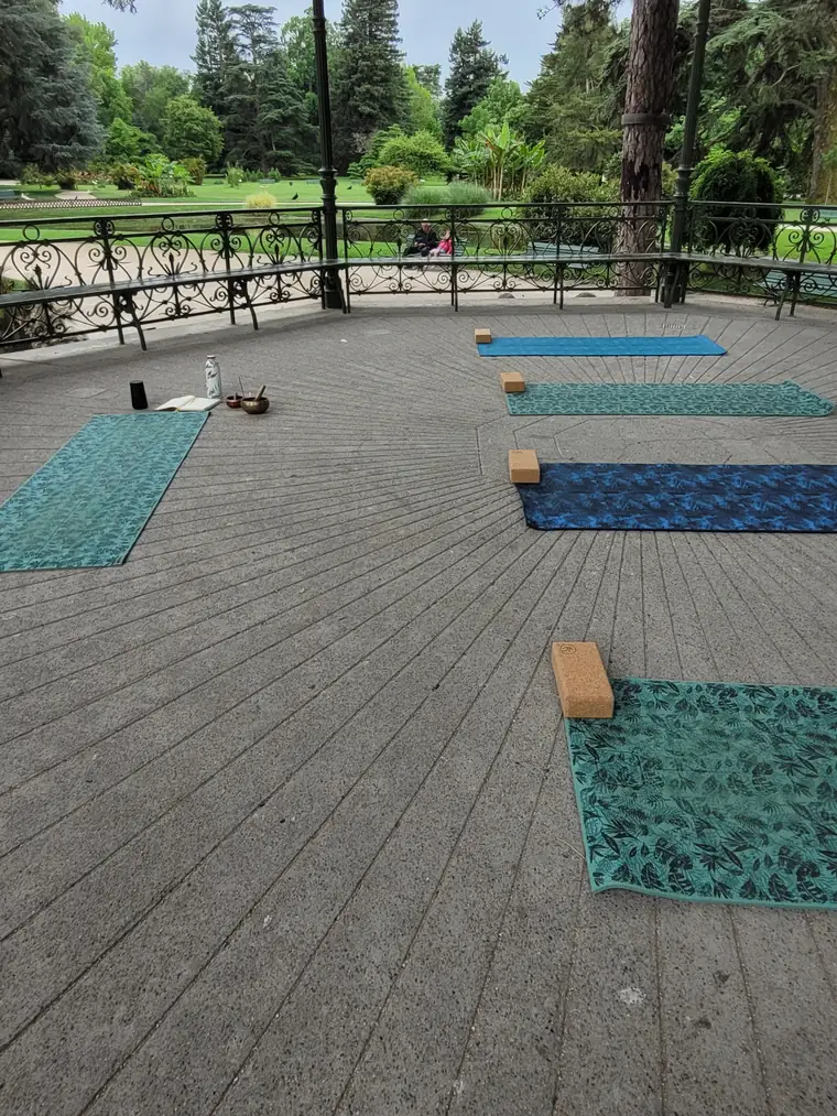 Tapis de yoga déroulés sur le parquet d’un kiosque, au milieu d’un parc arboré