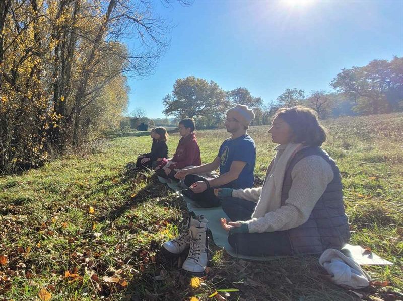 A group meditating in the grass under autumn trees