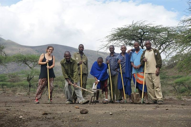 Pauline with members of a Maasai community on a building project in Tanzania