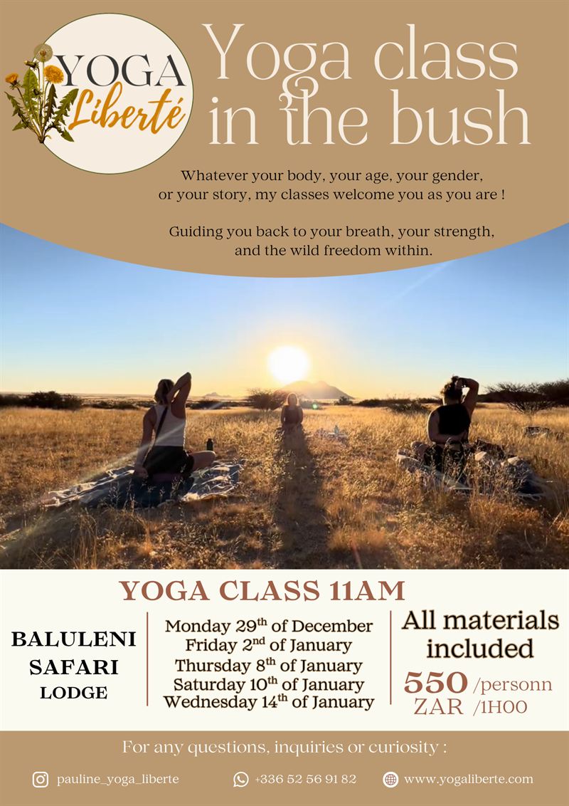 Affiche « Yoga class in the bush » : cours à 11 h au Baluleni Safari Lodge
